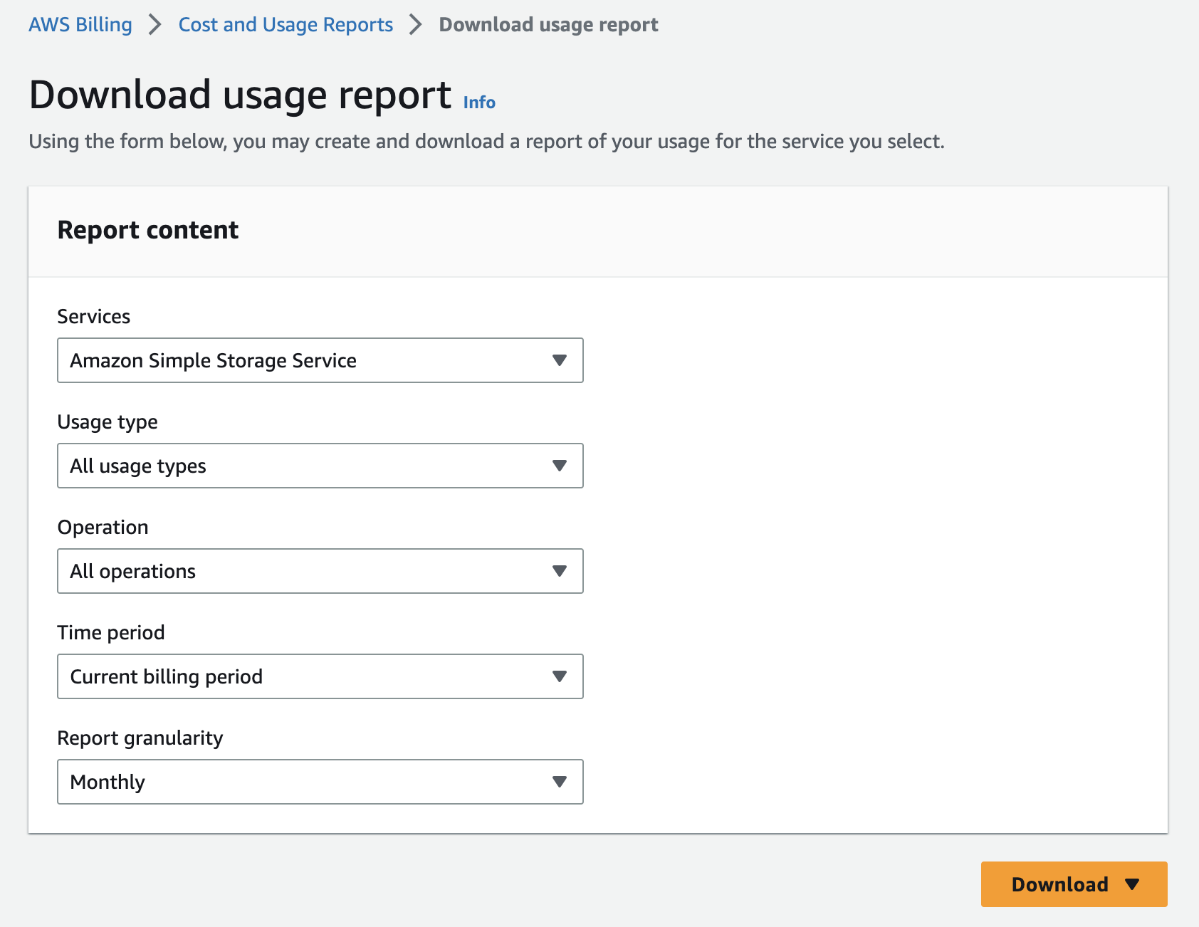 download s3 usage report on AWS console