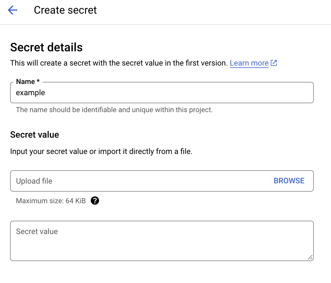 create new secret on gcp console