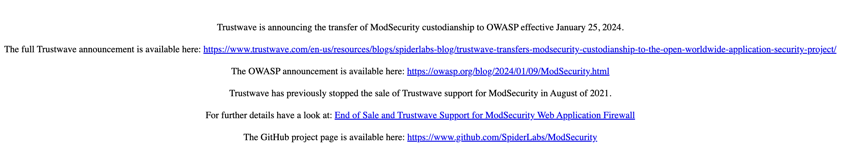 annoucement on a modsecurity webpage