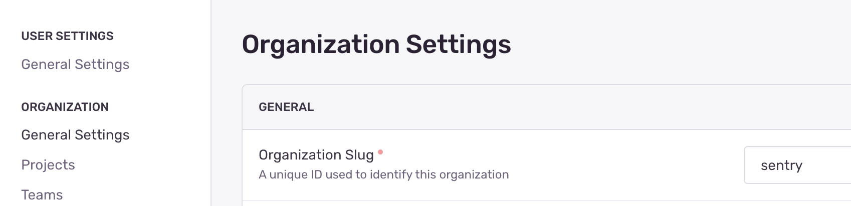 an organization slug on settings